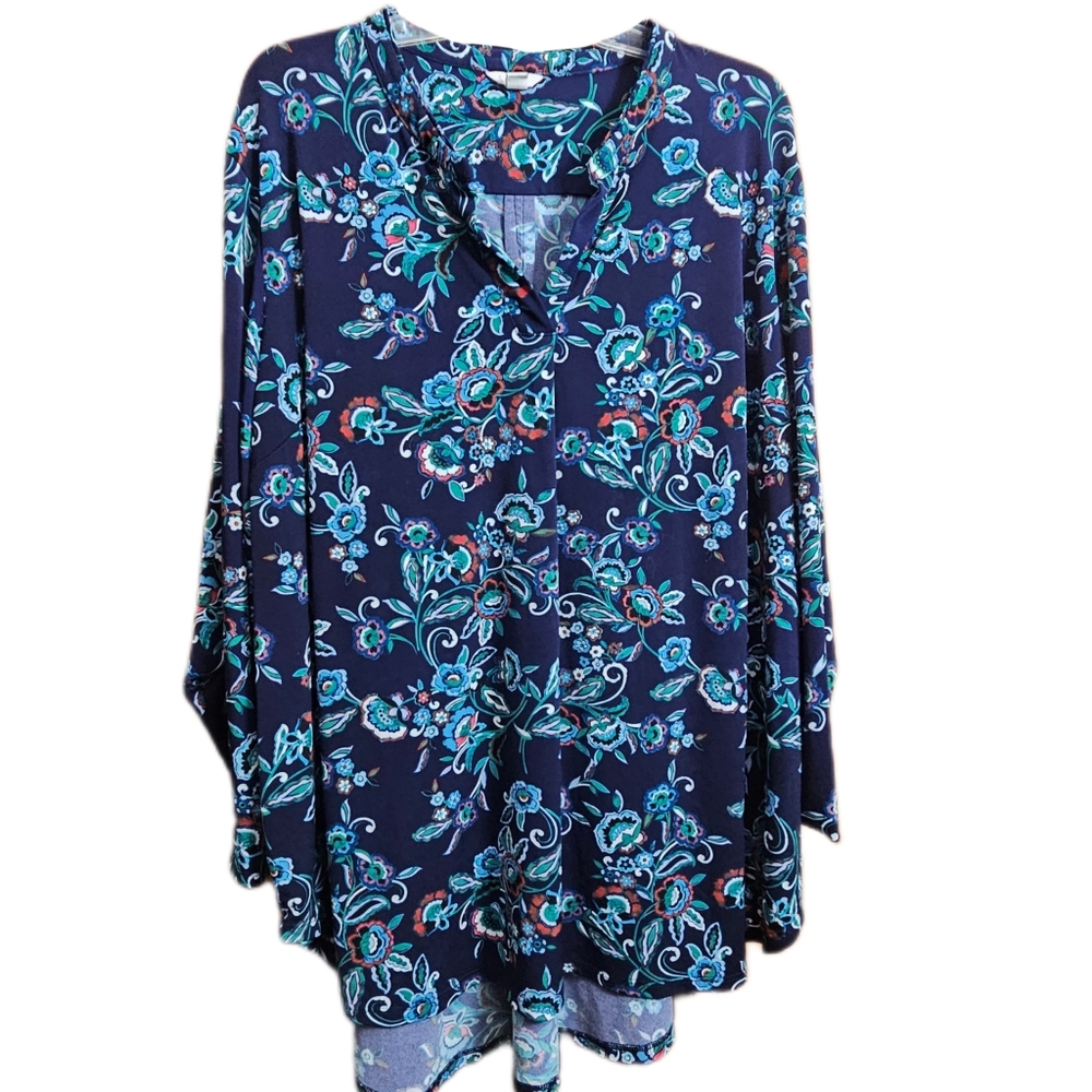 Chicos womens Floral V neck Tunic Blouse Top shirt 22 24w 3x 3xl Navy blue - Picture 2 of 9